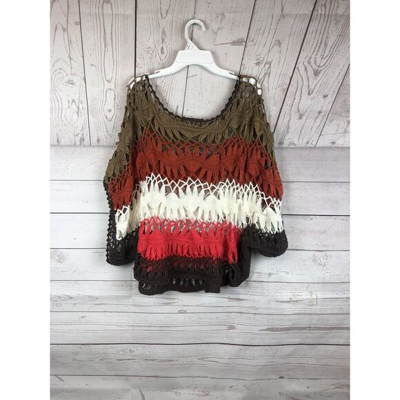 VIVID COLLECTION OF NY Sweater Womens medium Crochet Poncho Coral Cream Layering - Picture 2 of 4